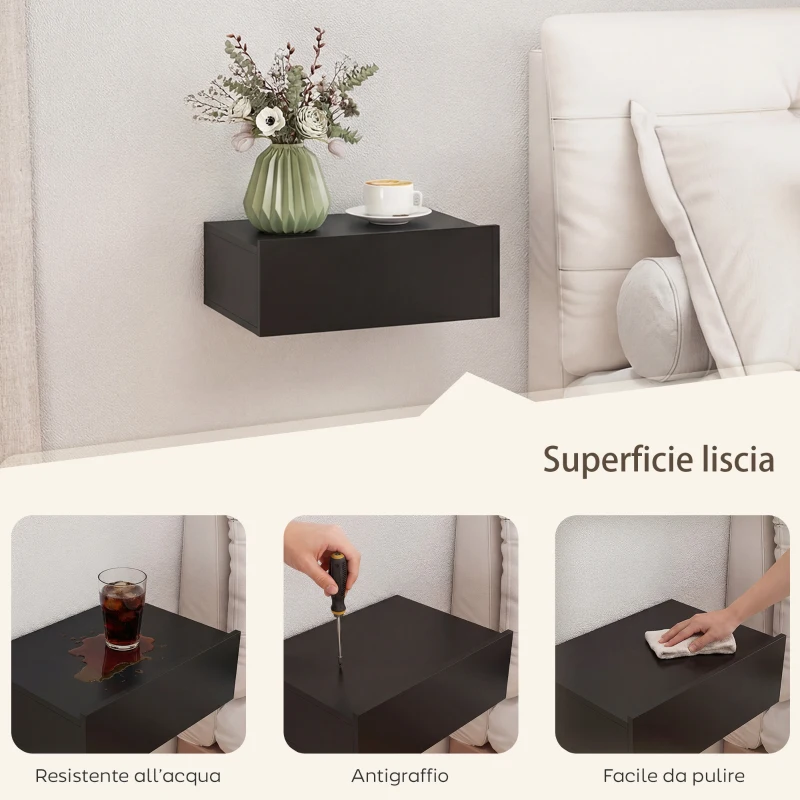 HOMCOM Set di 2 Comodini Sospesi Moderni con Cassetto in Legno, 40x30x15cm, Nero