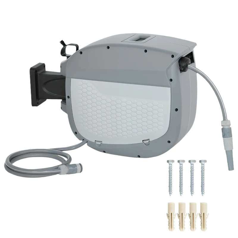 Outsunny Carretel de mangueira com mangueira de jardim 30 m, caixa giratória 180° com enrolamento automático e auto-travamento