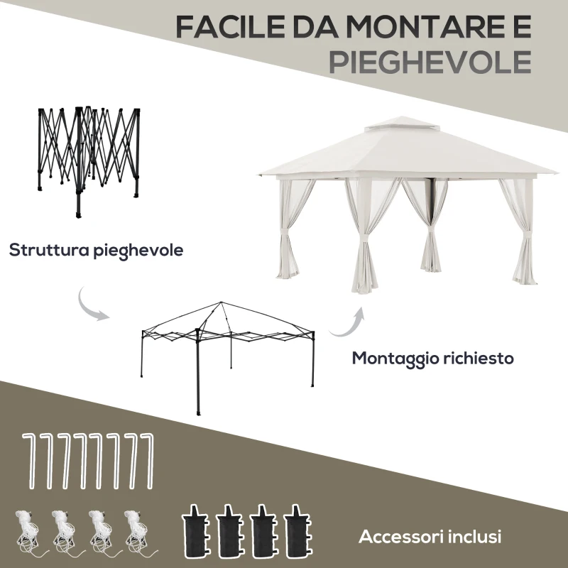Outsunny Gazebo Pieghevole 4x4 m ad Altezza Regolabile con Zanzariera e Borsa, in Metallo e Tessuto Oxford Crema