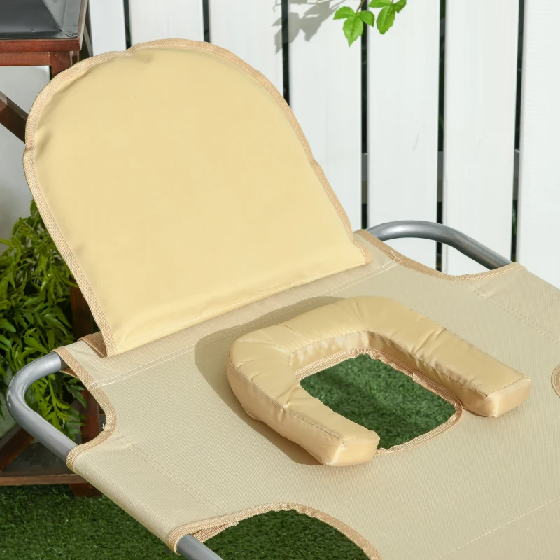 Outsunny Tuinligbed, ligstoel met gepolsterde gezichtopening, massageligbed voor buiten, zijvak, stof, metaal, Beige