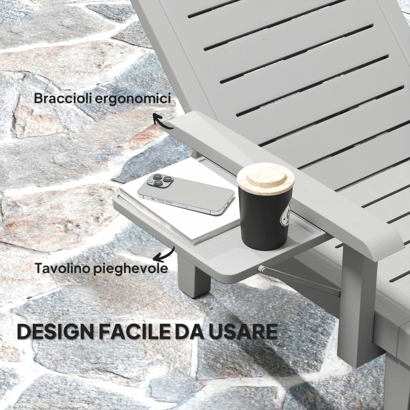 Outsunny Sdraio da Giardino Regolabile con Tavolino e Braccioli, in Polipropilene, 79x158x88 cm, Grigio Chiaro