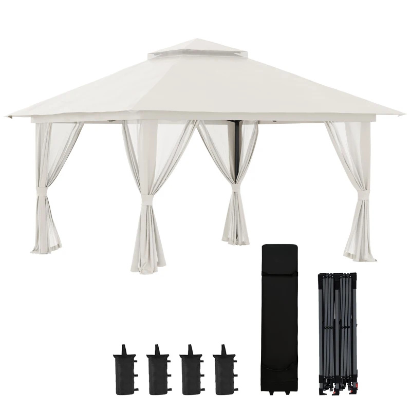 Outsunny Gazebo Pieghevole 4x4 m ad Altezza Regolabile con Zanzariera e Borsa, in Metallo e Tessuto Oxford Crema