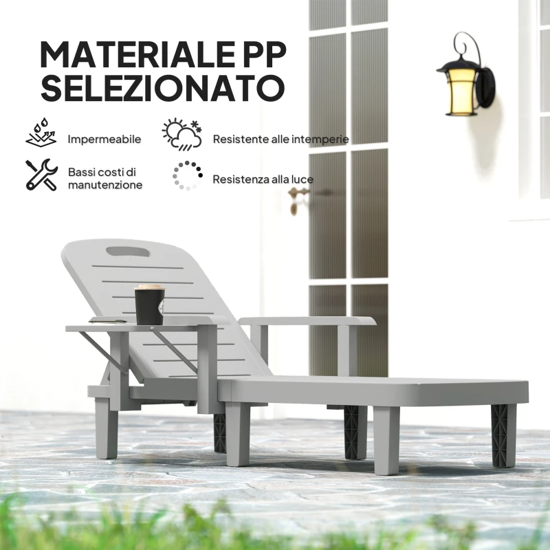Outsunny Sdraio da Giardino Regolabile con Tavolino e Braccioli, in Polipropilene, 79x158x88 cm, Grigio Chiaro