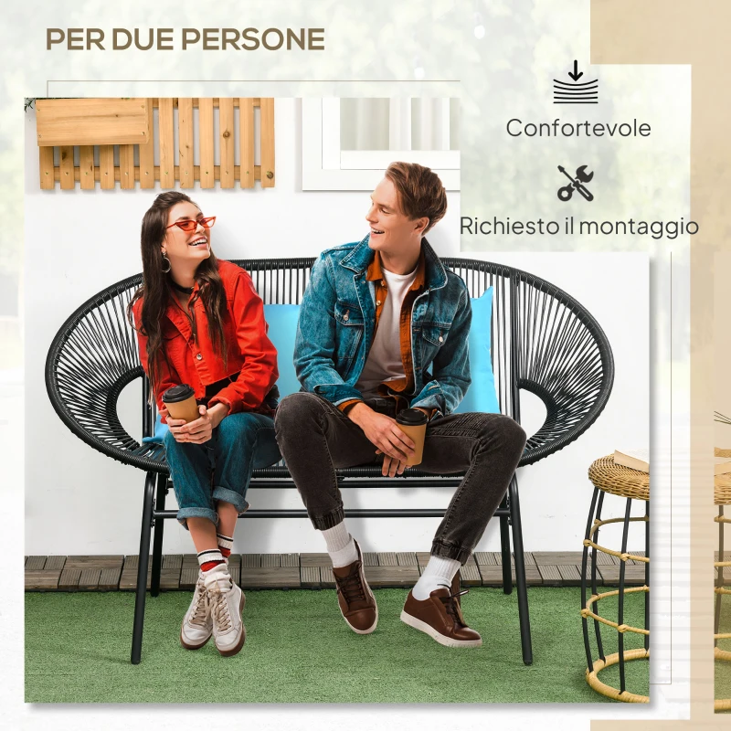 Outsunny Divano da Giardino 2 Posti in Rattan PE e Acciaio con Cuscini e Braccioli, 132x72x83 cm, Nero