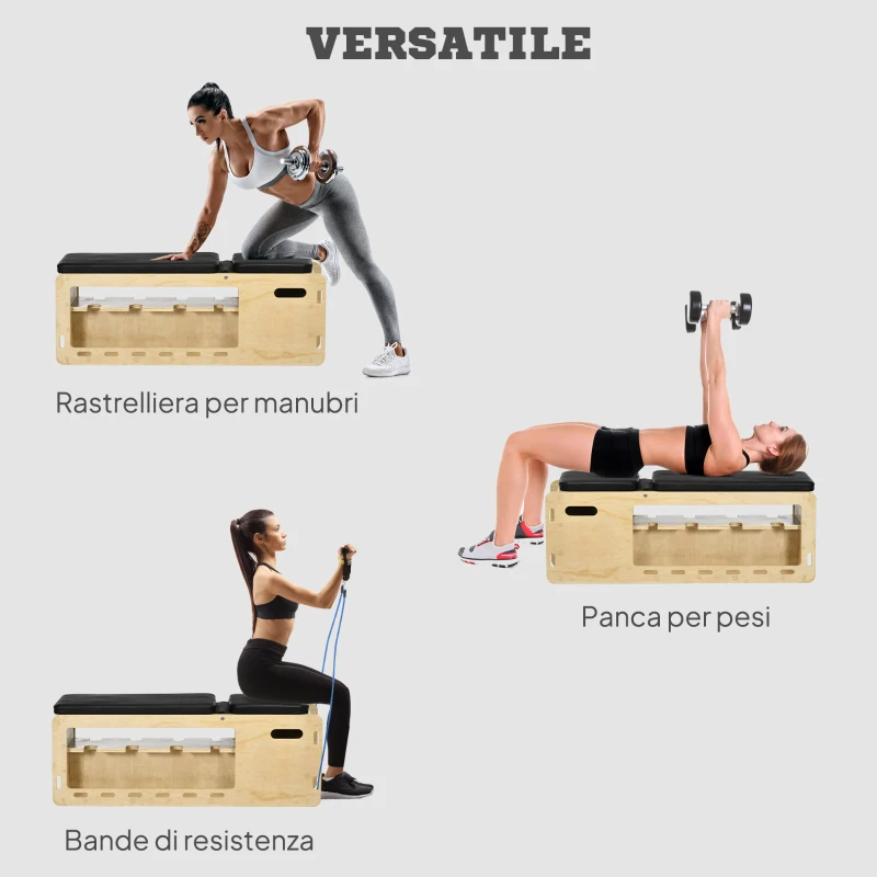 HOMCOM Panca Multifunzione con Schienale Regolabile, Vano Contenitore, Rack per Pesi ed Elastici, Legno