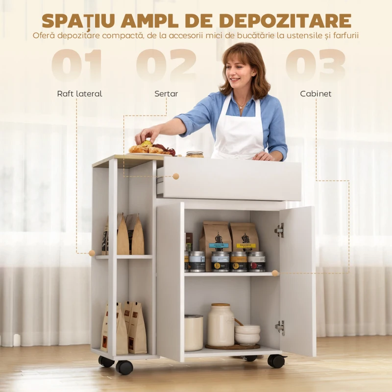HOMCOM Cărucior Bucătărie, Insulă Bucătărie cu Sertar, Dulap, 2 Rafturi Laterale și Rafturi Reglabile, Cărucior Multiutilitar din Lemn, 78x39.5x88.5 cm, Alb și Stejar