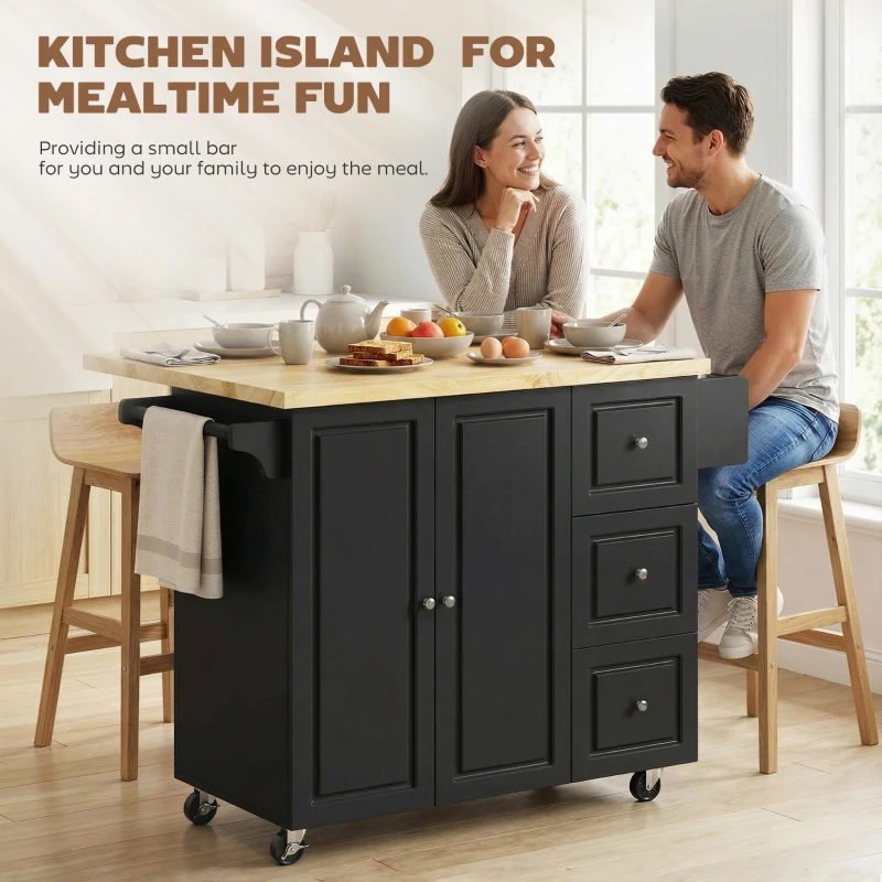 HOMCOM Kitchen Island on Wheels, Rolling Kitchen Storage Trolley with Drop Leaf, Drawers, Towel and Spice Rack, Black