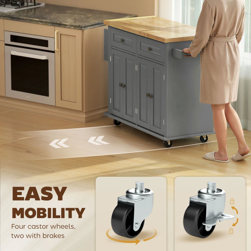 HOMCOM Rolling Kitchen Island Storage Trolley with Rubber Wood Top & Drawers for Dining Room, Grey