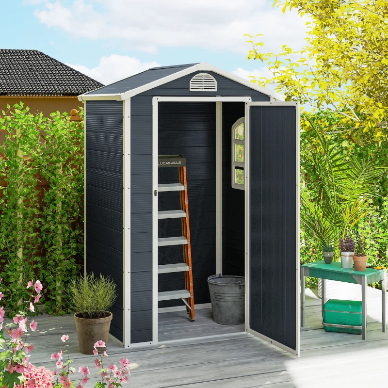 Outsunny Gerätehaus 1,1m², Geräteschuppen mit Satteldach, 134 x 104 x 204 cm, Kunststoff Geräteschuppen mit Abschließbar Tür Belüftungsöffnung Fenster, Gartenhaus für Garten Dunkelgrau
