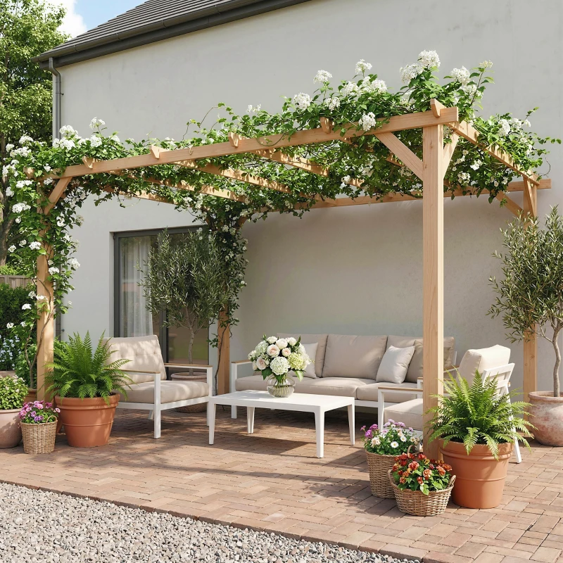 Outsunny 4 x 3 m Wooden Pergola Kit, Garden Pergola Gazebo Grape Trellis with Triangle Supports, 6 Beams, Maple Wood-effect