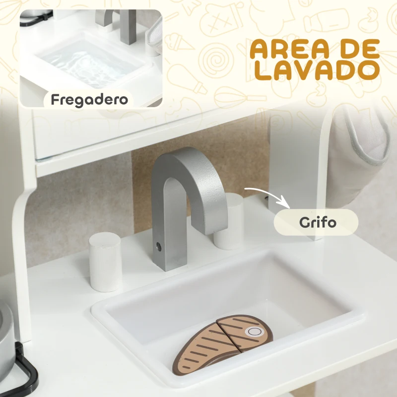 AIYAPLAY Cocina de Juguete de Madera con Sonido Accesorios Fregadero y Microondas para Niños a Partir de 3 Años Blanco