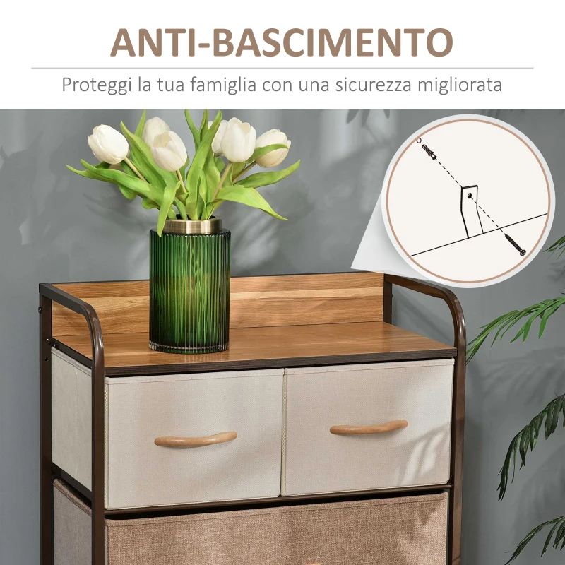 HOMCOM Mobile Cassettiera da Camera da Letto e Soggiorno, Cassettiera con 5 Cassetti Pieghevoli in Tessuto e Ripiano in MDF, 58x29x99cm, Multicolore