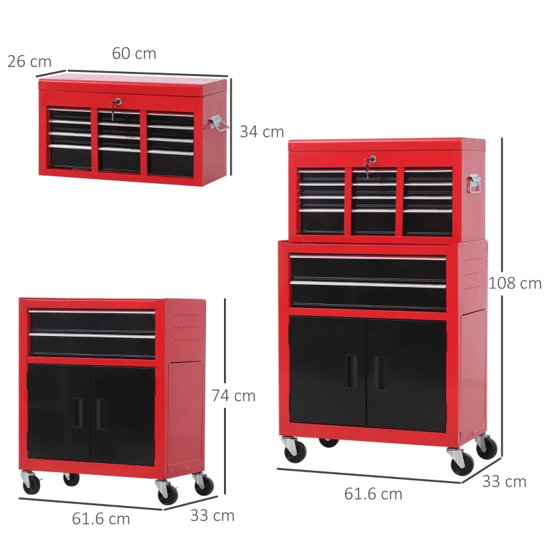 HOMCOM Carrello Porta Attrezzi 2 in 1 con Cassetta Superiore e Armadietto Inferiore, in Metallo, 61.6x33x108 cm, Rosso