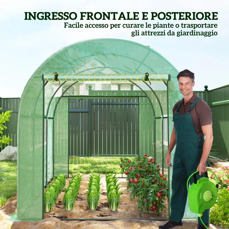 Outsunny Serra a Tunnel per Orto 3x2x2 m in Acciaio e PE Anti UV con Porte Avvolgibili e Finestre, Verde