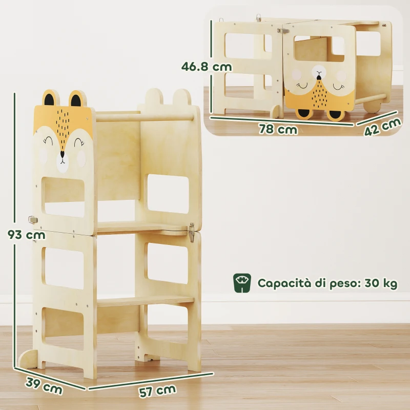 AIYAPLAY Torre Montessoriana per Bambini 2-5 Anni con Lavagna e Tavolino, in Legno, 57x39x93 cm, color Legno