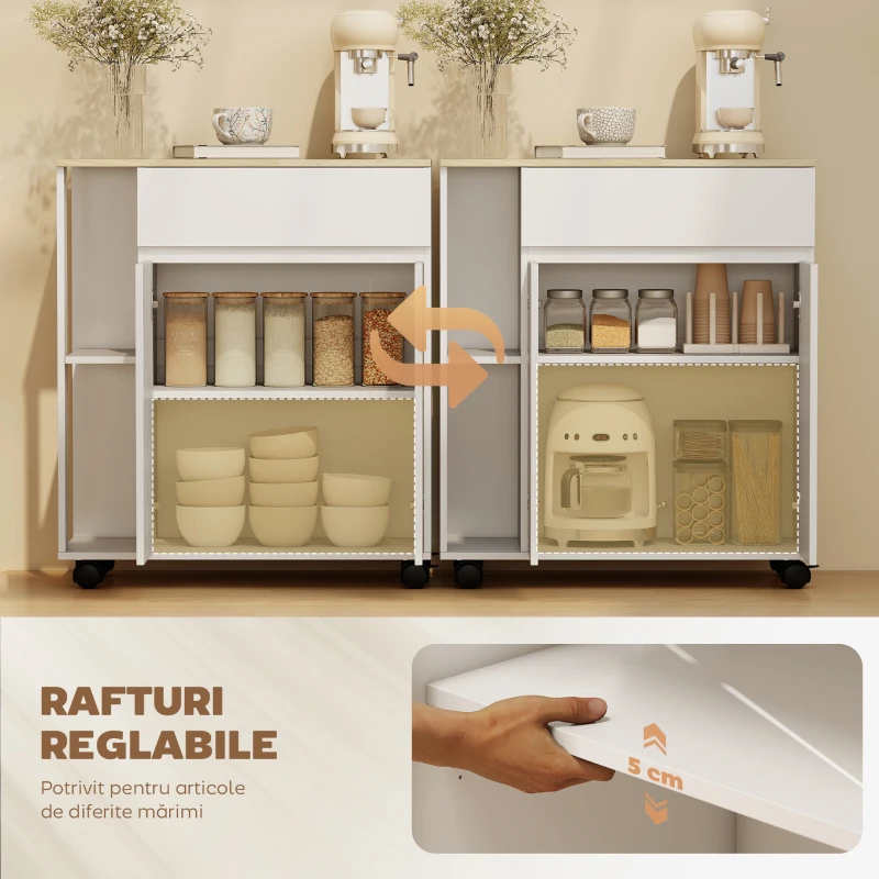 HOMCOM Cărucior Bucătărie, Insulă Bucătărie cu Sertar, Dulap, 2 Rafturi Laterale și Rafturi Reglabile, Cărucior Multiutilitar din Lemn, 78x39.5x88.5 cm, Alb și Stejar