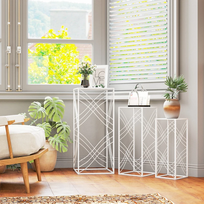 Outsunny Conjunto de 3 Suportes para Plantas, 50/60/70 cm de Altura, Suporte para Plantas Empilhável em Metal Branco