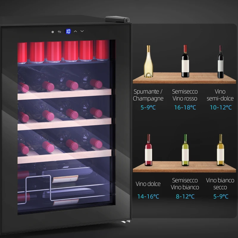 HOMCOM Cantinetta Frigo per Vino da 53L con Ripiani Regolabili per 12 Bottiglie e 25 Lattine, 43x45x64 cm, Nero