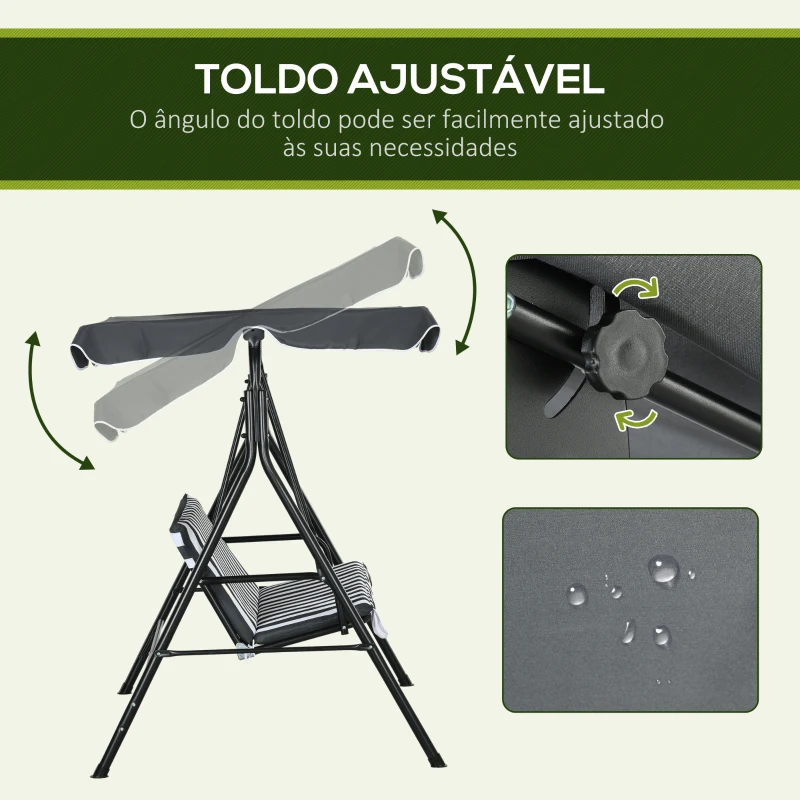 Outsunny Balanço de Jardim Exterior Baloiço de 3 Lugares com Toldo Ajustável e Estrutura de Aço 172x110x153 cm Cinzento e Branco