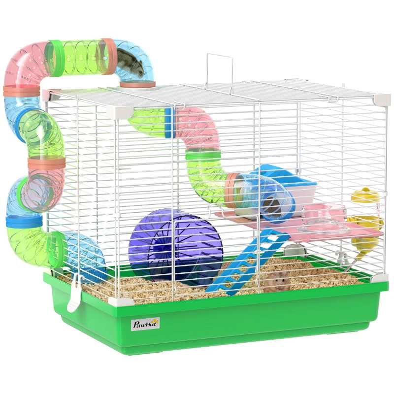 PawHut Cușcă pentru Hamster cu Tunel Bol Sticlă de Apă Căsuță Rampă Roată de Exerciții Tavă Detașabilă 46x30x37 cm Verde