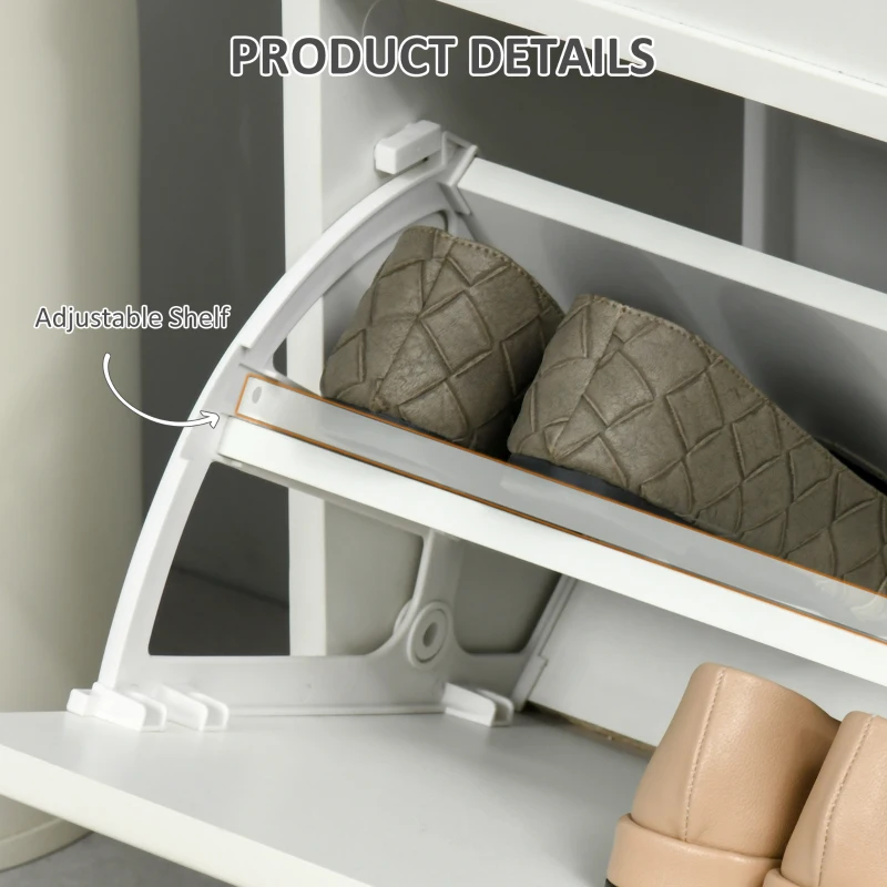 HOMCOM Shoe Storage Bench with Flip Drawers, Shoe Cabinet with Seat Cushion and Adjustable Shelf for Hallway, Entryway, Living Room, Bedroom, White