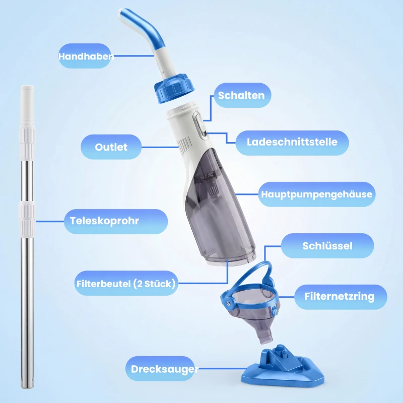 Outsunny Poolreiniger, kabelloser Poolstaubsauger mit 63-150 cm verstellbarem Stiel und Bürste für kleine Pools, Whirlpools und Teiche