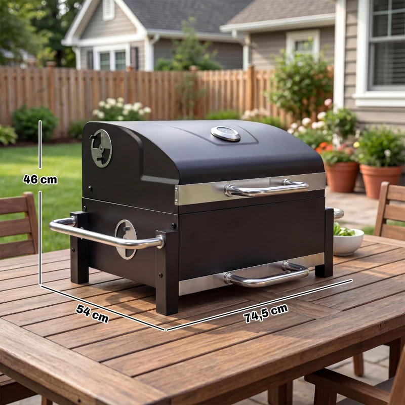 Outsunny Barbecue au charbon en acier portable, fumoir BBQ avec couvercle, aérations réglables, bac à charbon à deux niveaux, thermomètre