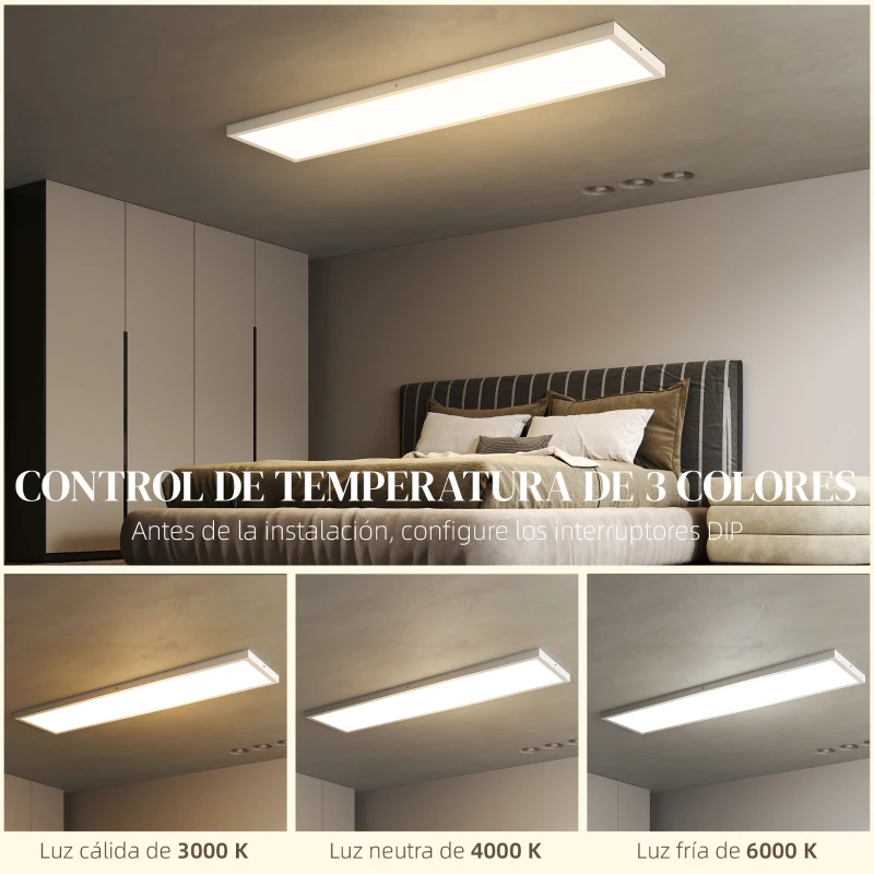 HOMCOM Juego de 4 Lámparas de Techo Color Regulable con Interruptor DIP y de Pared 3000K/4000K/6000K 120x30x3,7 cm Blanco