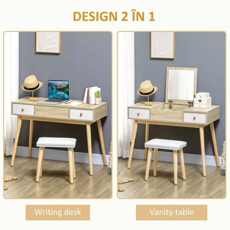 Homcom Set Masa Toaleta – Alb, Cu Oglinda Glisanta & Scaun Tapitat