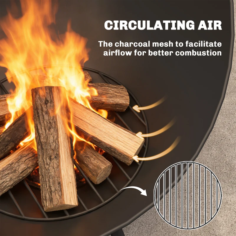 Outsunny Bol pentru foc 60 x 53 x 66cm reglabil focar cu cârlig grilaj pentru cărbuni suport Negru