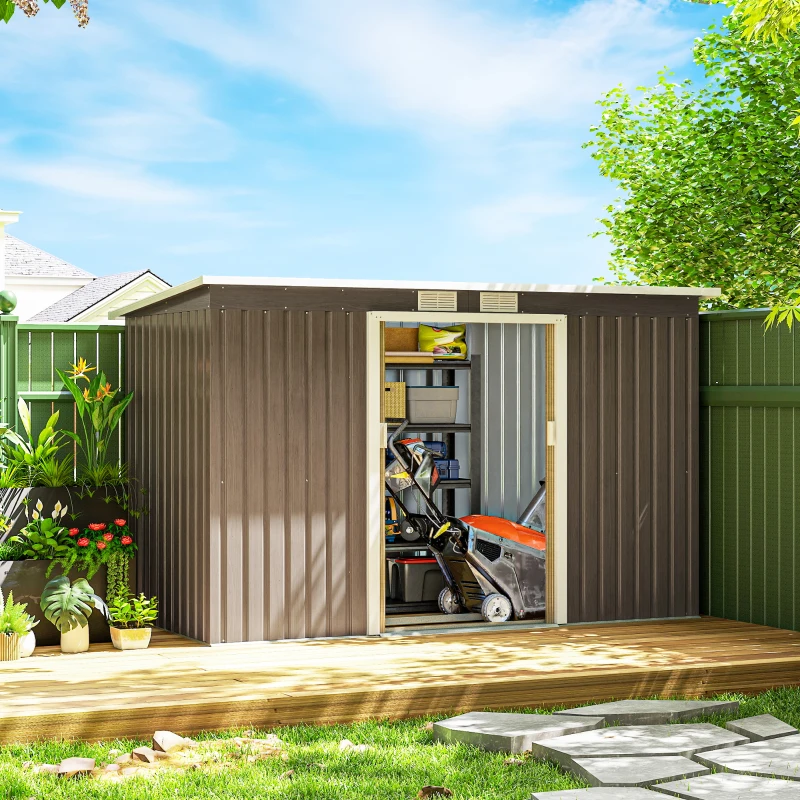 Outsunny 4 x 9ft Metal Shed, with Foundation Shed - Brown