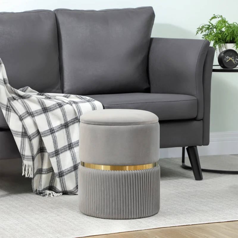 HOMCOM Pouf de rangement rond, pouf recouvert de velours avec couvercle amovible, assise rembourrée et rangement dissimulé, Gris clair