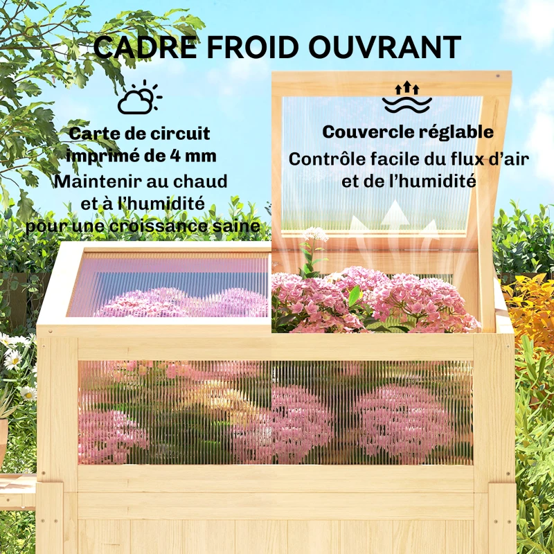 Outsunny Carré potager sur pieds avec serre, jardinière surélevée, table latérale pliante et étagère, 104x50x120cm, bois naturel