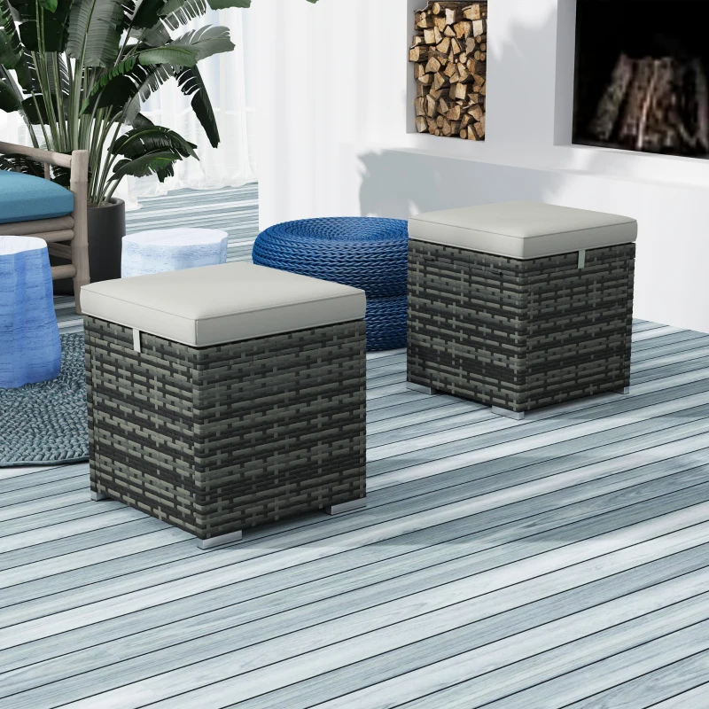 Outsunny Lot de 2 tabourets avec espace de rangement en rotin PE repose-pied de jardin avec coussin 40 x 40 x 41 cm, gris clair