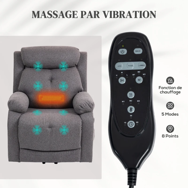 HOMCOM Fauteuil releveur électrique massant et chauffé, fauteuil inclinable, ports USB, repose-pied, 86x94x105cm, gris