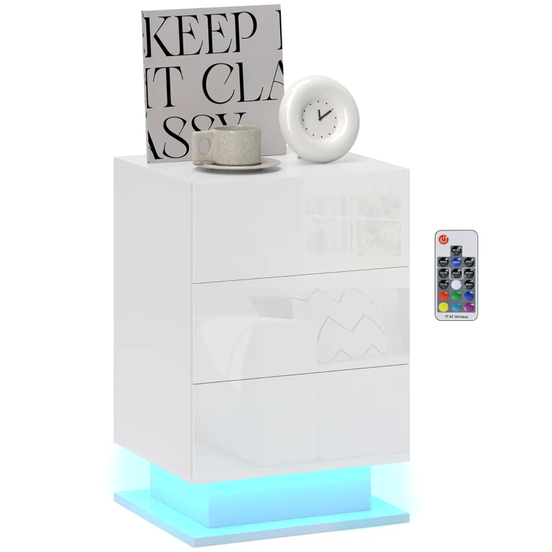 HOMCOM Mesa de Cabeceira com Faixa de Luz LED Multicolor Mesa Auxiliar com 3 Gavetas Estilo Moderno 40x35x60 cm Branco Brilhante