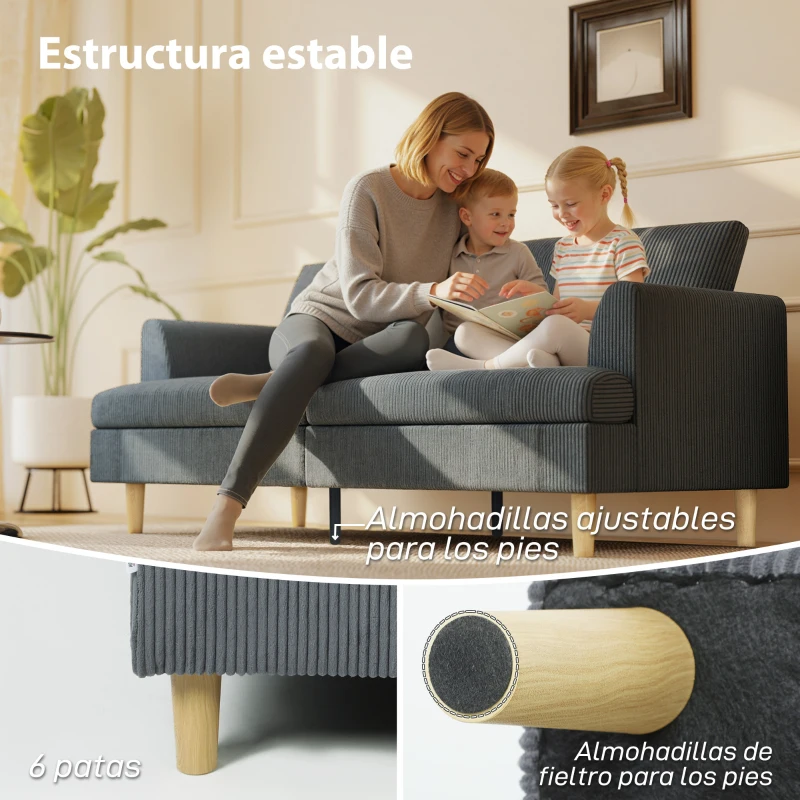 HOMCOM Sofá de 3 Plazas Tapizado en Pana Acolchado Grueso de Muelles Asiento Ancho 2 Almohadas 188x80x86 cm Gris Oscuro