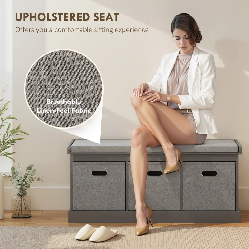 HOMCOM Three-Drawer Shoe Storage Bench, with Padded Top Seat - Grey
