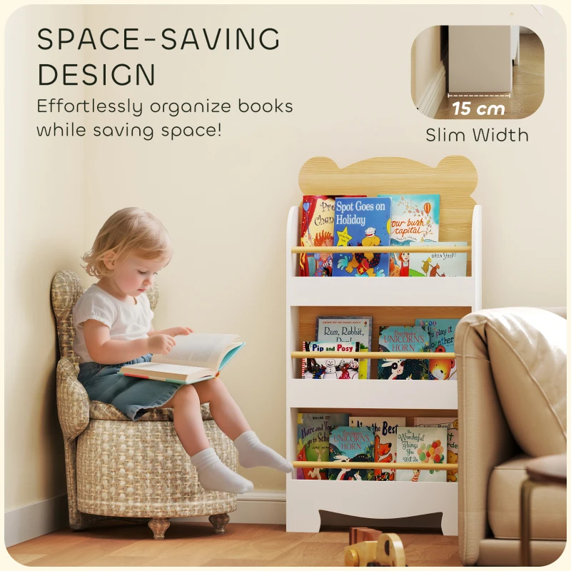 AIYAPLAY Kids Bookshelf, 3 Tier Children Bookcase, Bear Theme Toddler Space-Saving Bookcase for Living Room, White