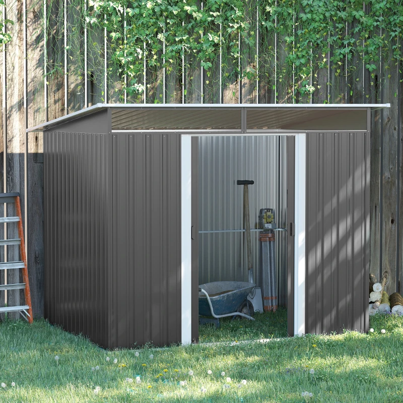 Outsunny Garden Metal Storage Shed House Hut Gardening Tool Storage w/ Tilted Roof and Ventilation 8.5 x 6ft, Grey