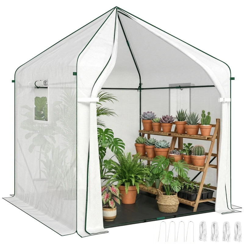 Outsunny Walk-in Greenhouse for Outdoors with Steel Frame, Large Plant House with Roll-up Door and PE Ground Cover, White