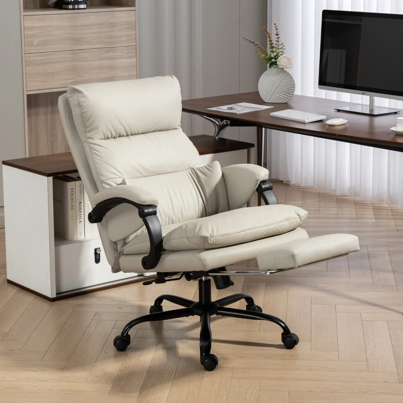 HOMCOM Cadeira de Escritório Massajadora e Aquecida Reclinável 135° com Apoio para Pés em Pele PU Cinza Claro