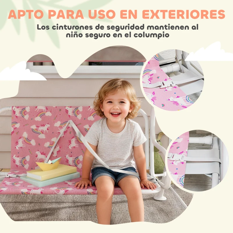AIYAPLAY Columpio Jardín Exterior para niños 2 Plazas Toldo Ajustable Cinturones de Seguridad Diseño de Unicornio Arcoíris Rosa