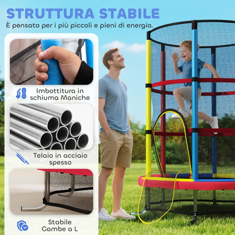 HOMCOM Trampolino per Bambini 3-6 Anni con Rete di Sicurezza, Senza Molle, Ø160x190 cm, Multicolore