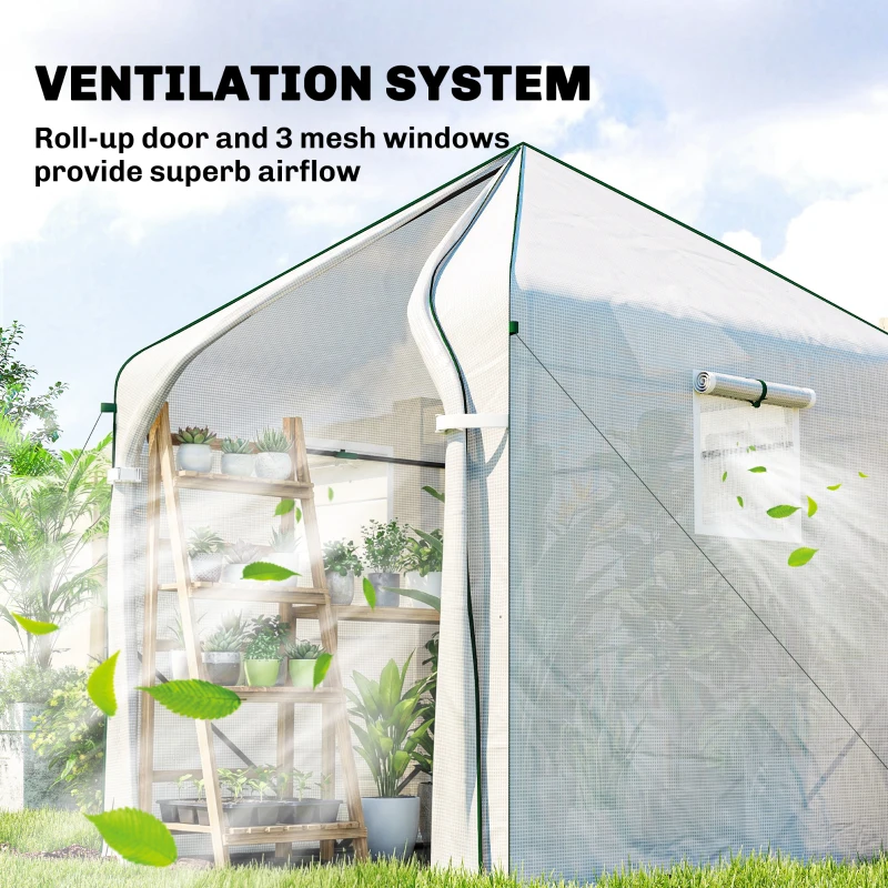 Outsunny Walk-in Greenhouse for Outdoors with Steel Frame, Large Plant House with Roll-up Door and PE Ground Cover, White