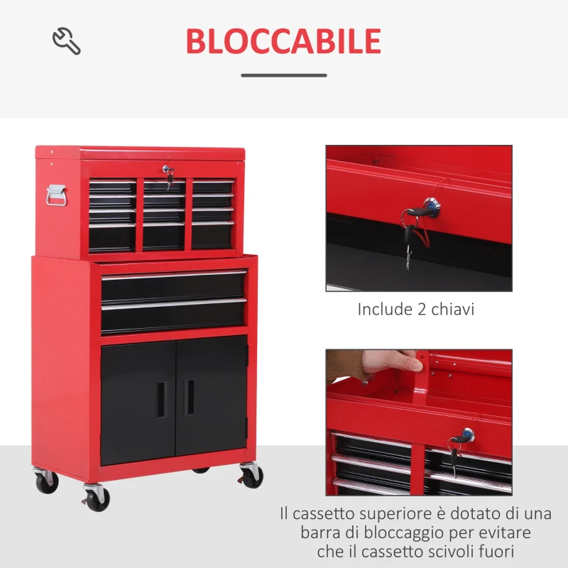 HOMCOM Carrello Porta Attrezzi 2 in 1 con Cassetta Superiore e Armadietto Inferiore, in Metallo, 61.6x33x108 cm, Rosso