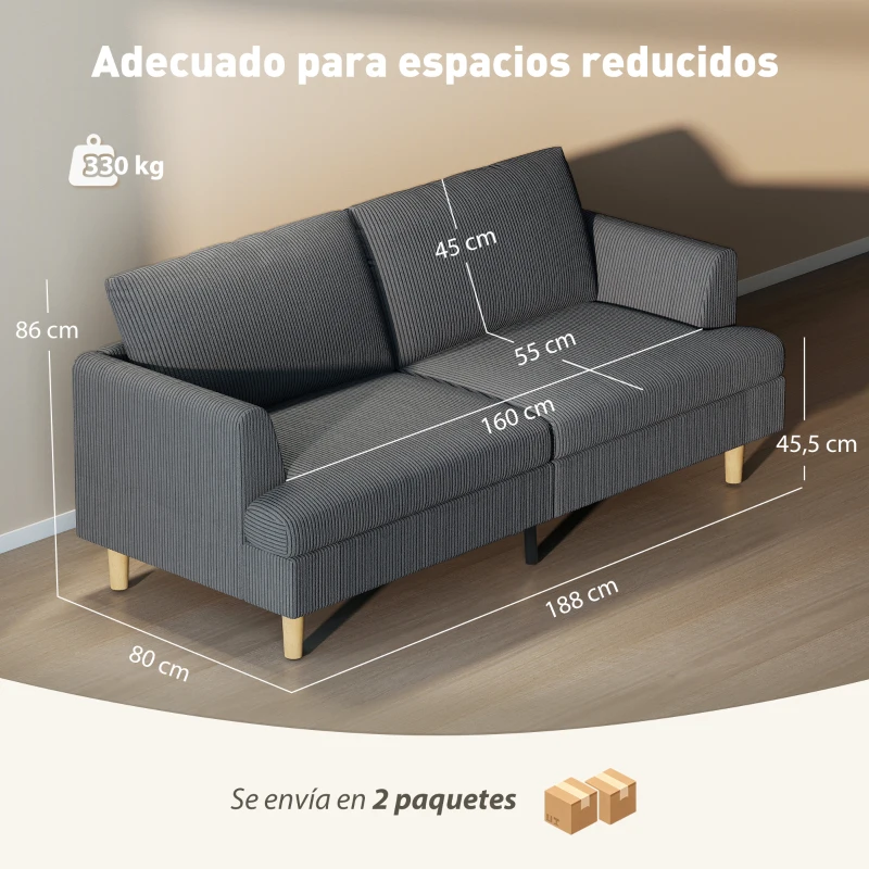HOMCOM Sofá de 3 Plazas Tapizado en Pana Acolchado Grueso de Muelles Asiento Ancho 2 Almohadas 188x80x86 cm Gris Oscuro