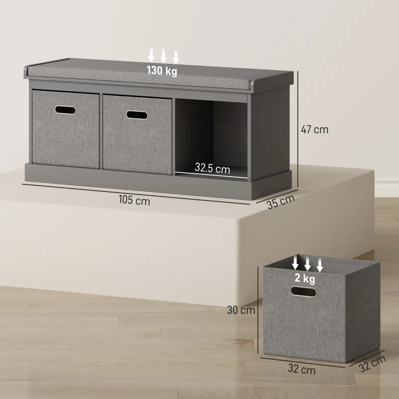 HOMCOM Three-Drawer Shoe Storage Bench, with Padded Top Seat - Grey