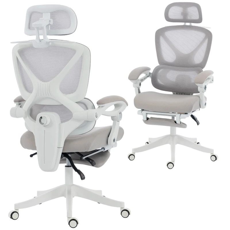 HOMCOM Silla de Escritorio de Malla Reclinable con Reposacabezas Soporte Lumbar Reposapiés y Altura Regulable Gris Claro