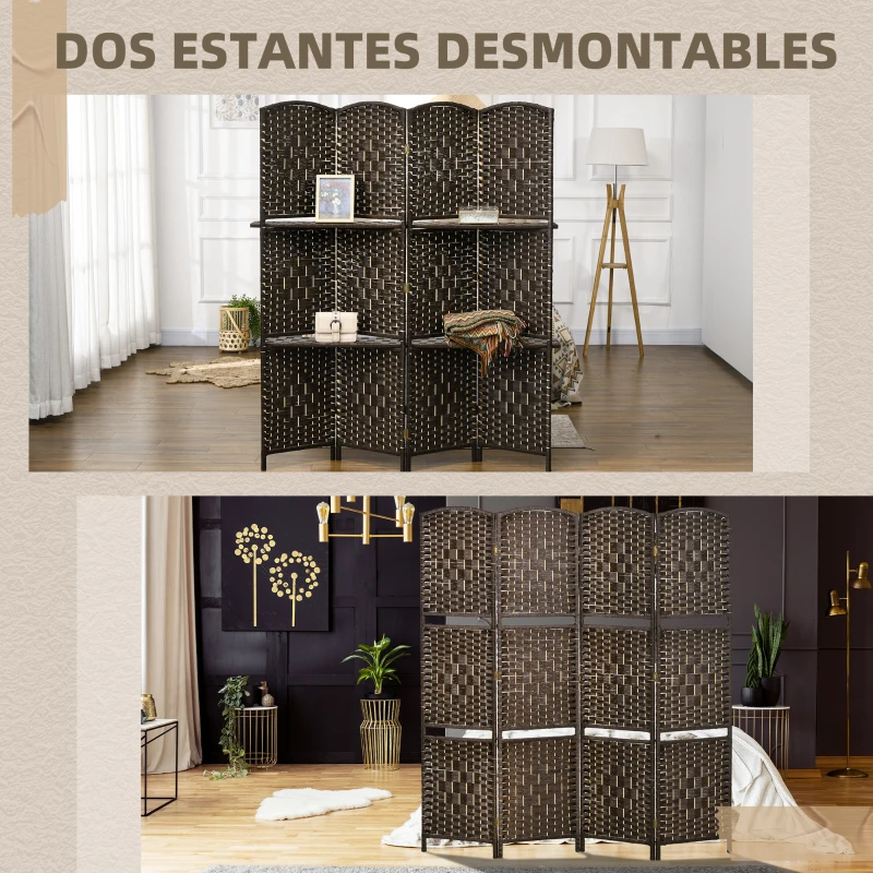 HOMCOM Biombo Separador de Ambientes 4 Paneles 160x170 cm con 2 Estantes de Exhibición Pantalla de Privacidad Plegable Marrón